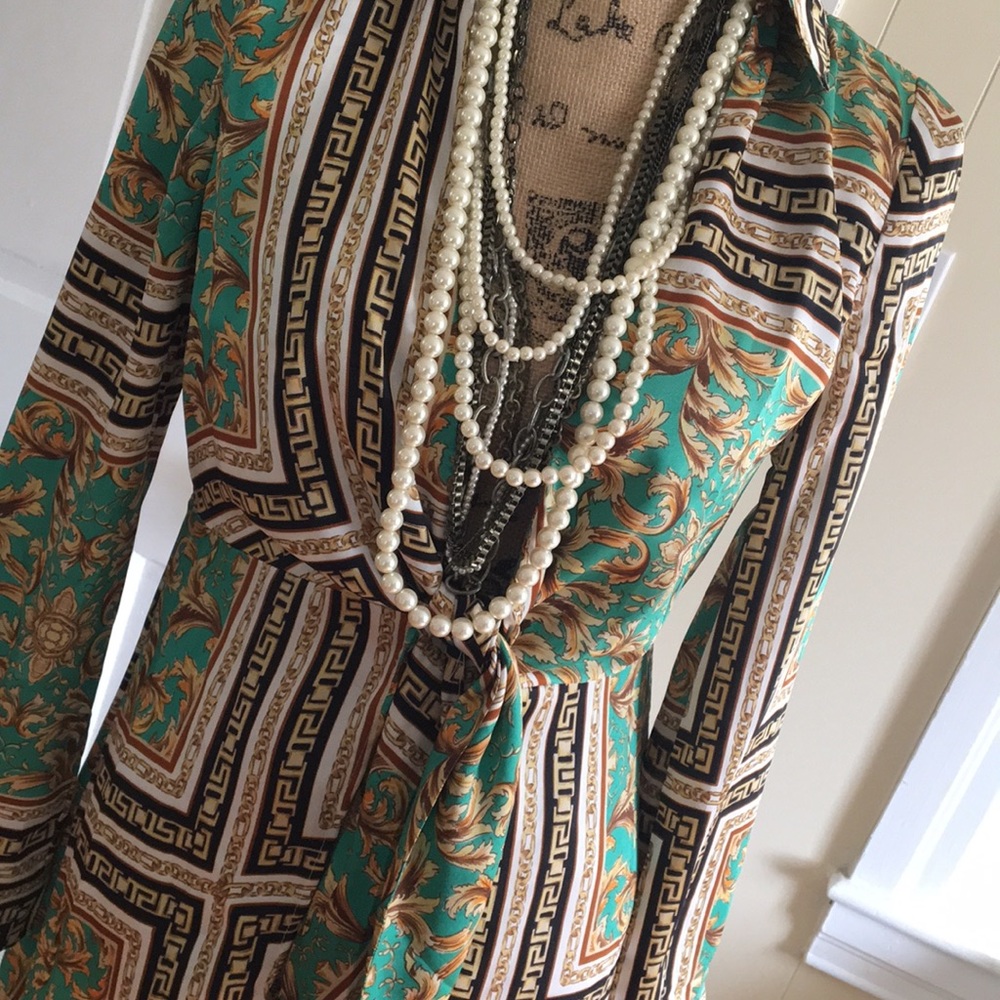 RARE • FORVER 21 • Gorgeous Baroque Maxi Coat Duster Green, Gold, Black & White - Picture 7 of 16